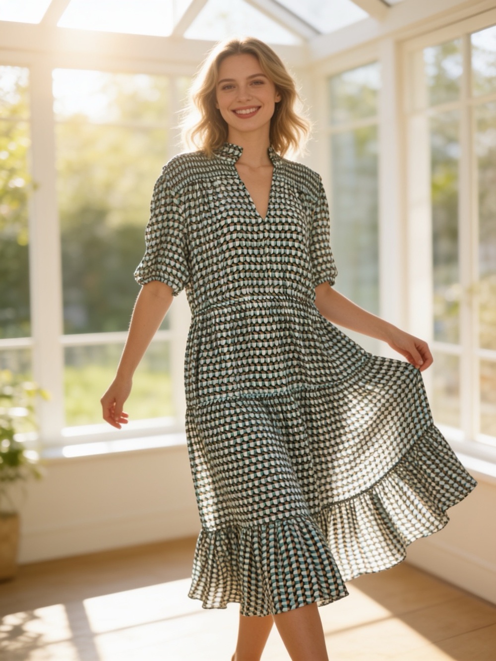 ON 34th Geometric Print Midi Dress XL V Neck Puff Sleeve Tiered Green